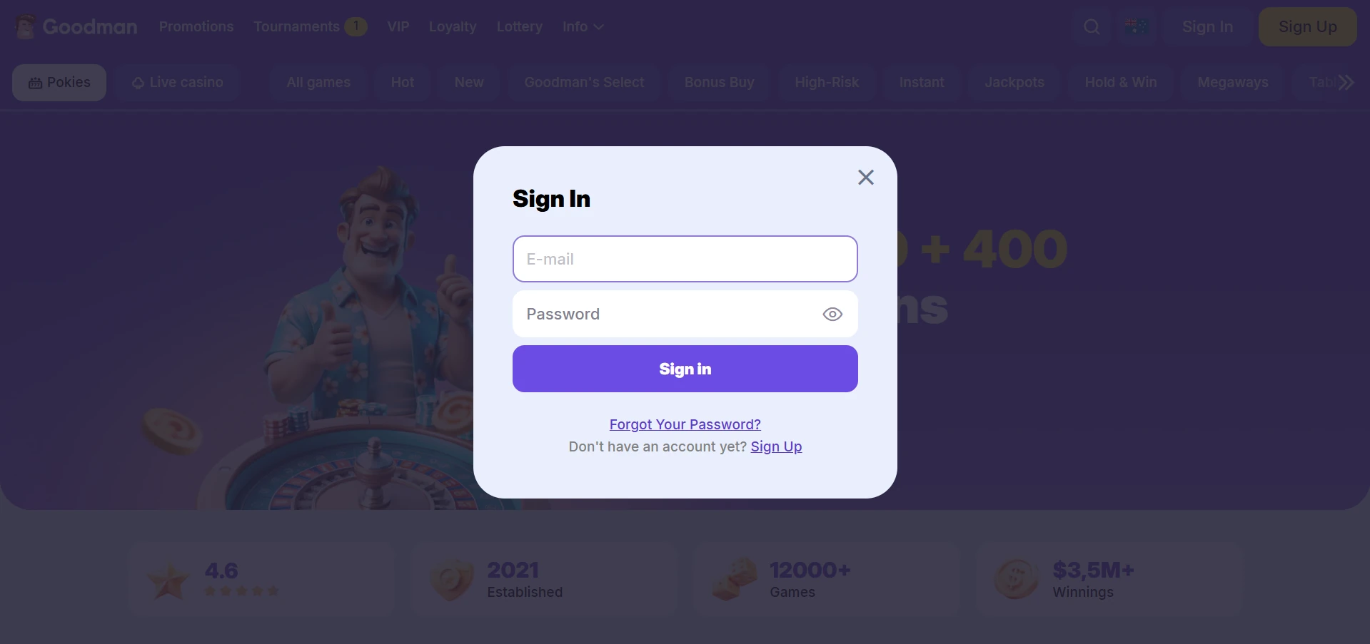 Goodman Casino login form